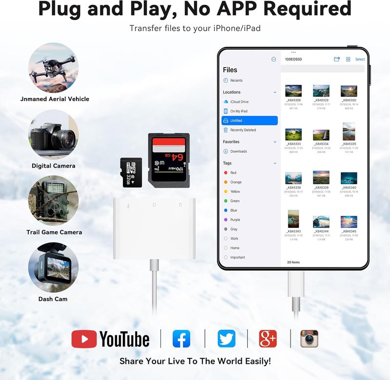 SUNTRSI SD Card Reader for iPhone iPad, Micro SD Card Reader Memory Card Reader with USB Adapter Plug and Play Trail Game Camera Card Viewer Supports SD and TF Card No App Required - Image 4